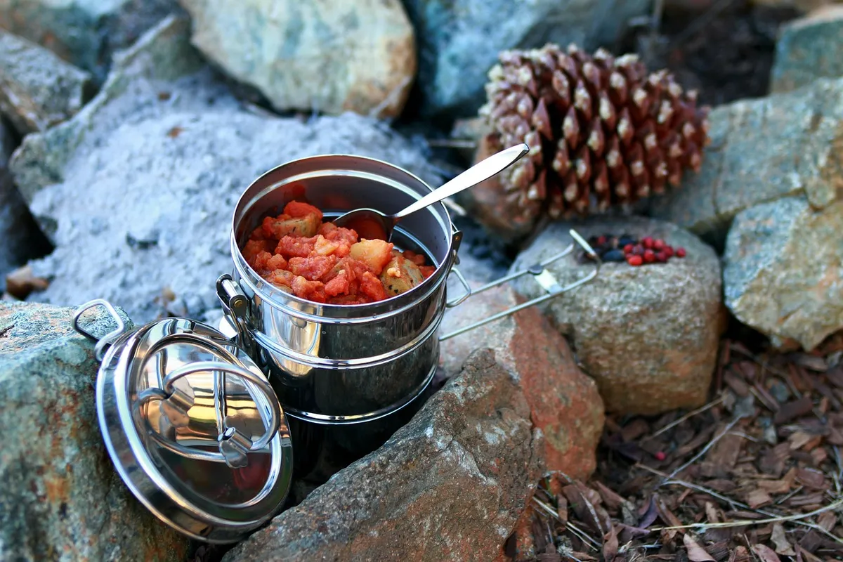 stew, camping, outdoor cooking, stainless steel, pine cone, pine nuts, potatoes, tomatoes, pepper, food, cooking, pot, campfire, soup, outdoor, meal, metal, cam