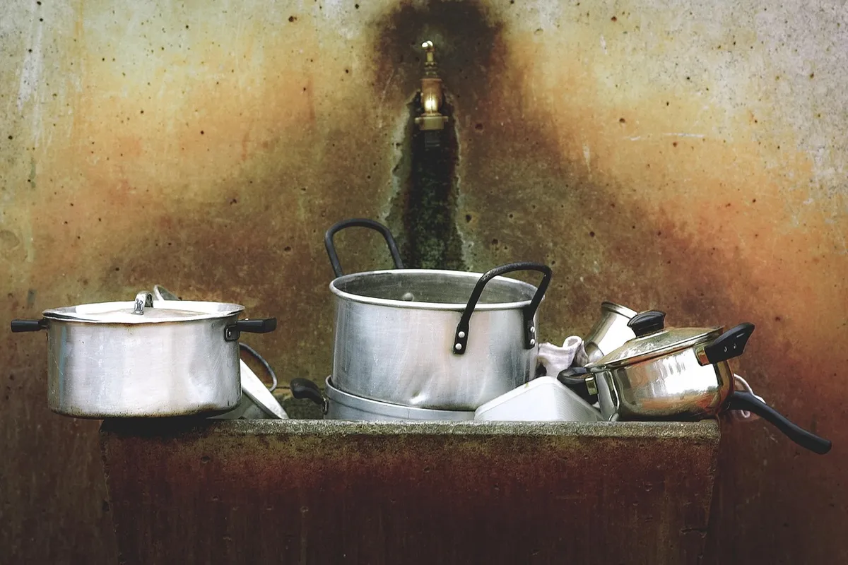 cooking pots, cookware, pots, sink, stainless steel, brown cooking, cookware, cookware, sink, sink, sink, sink, sink, stainless steel, stainless steel