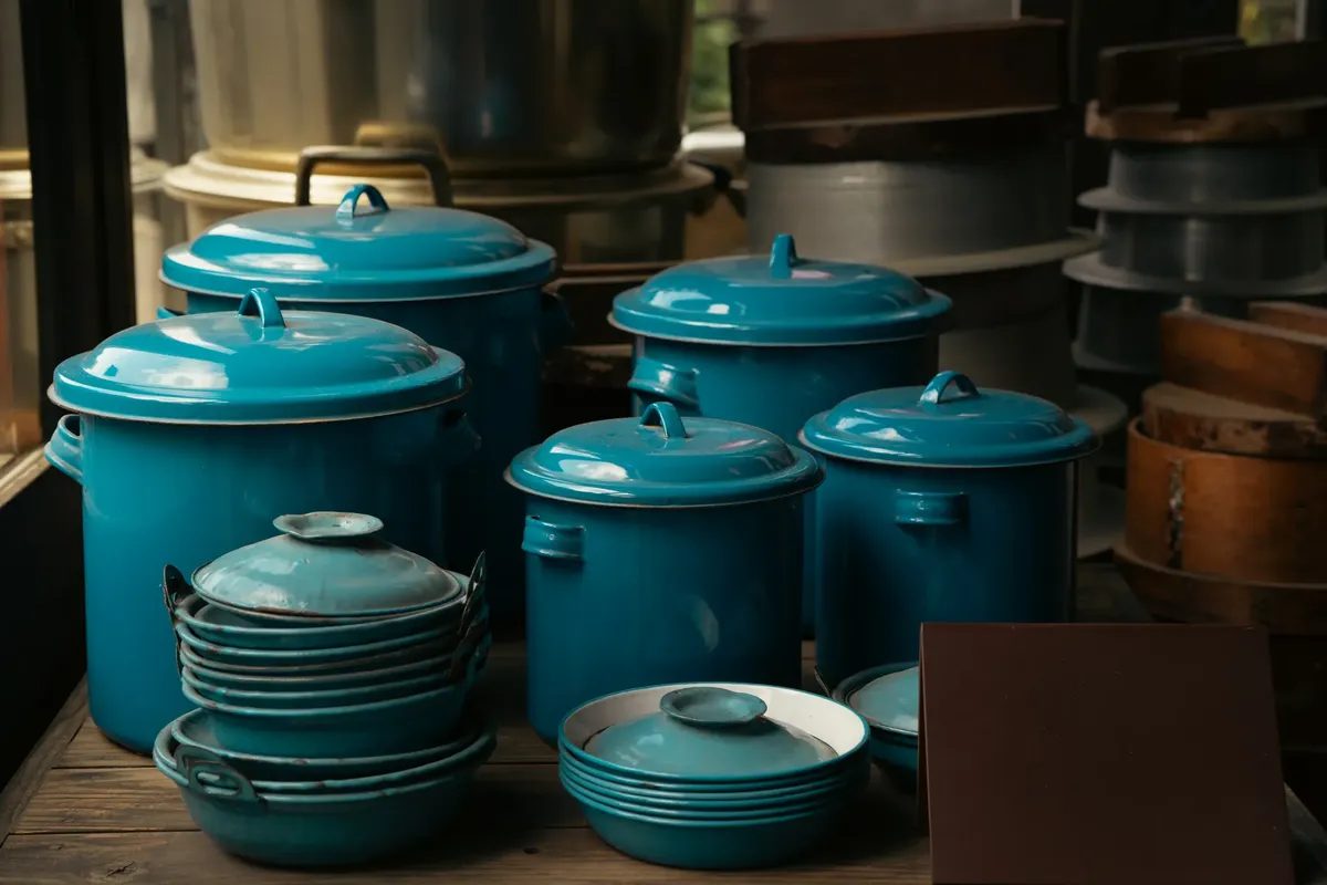 A collection of vintage blue enamel pots and dishes on wooden shelves in a traditional setting.