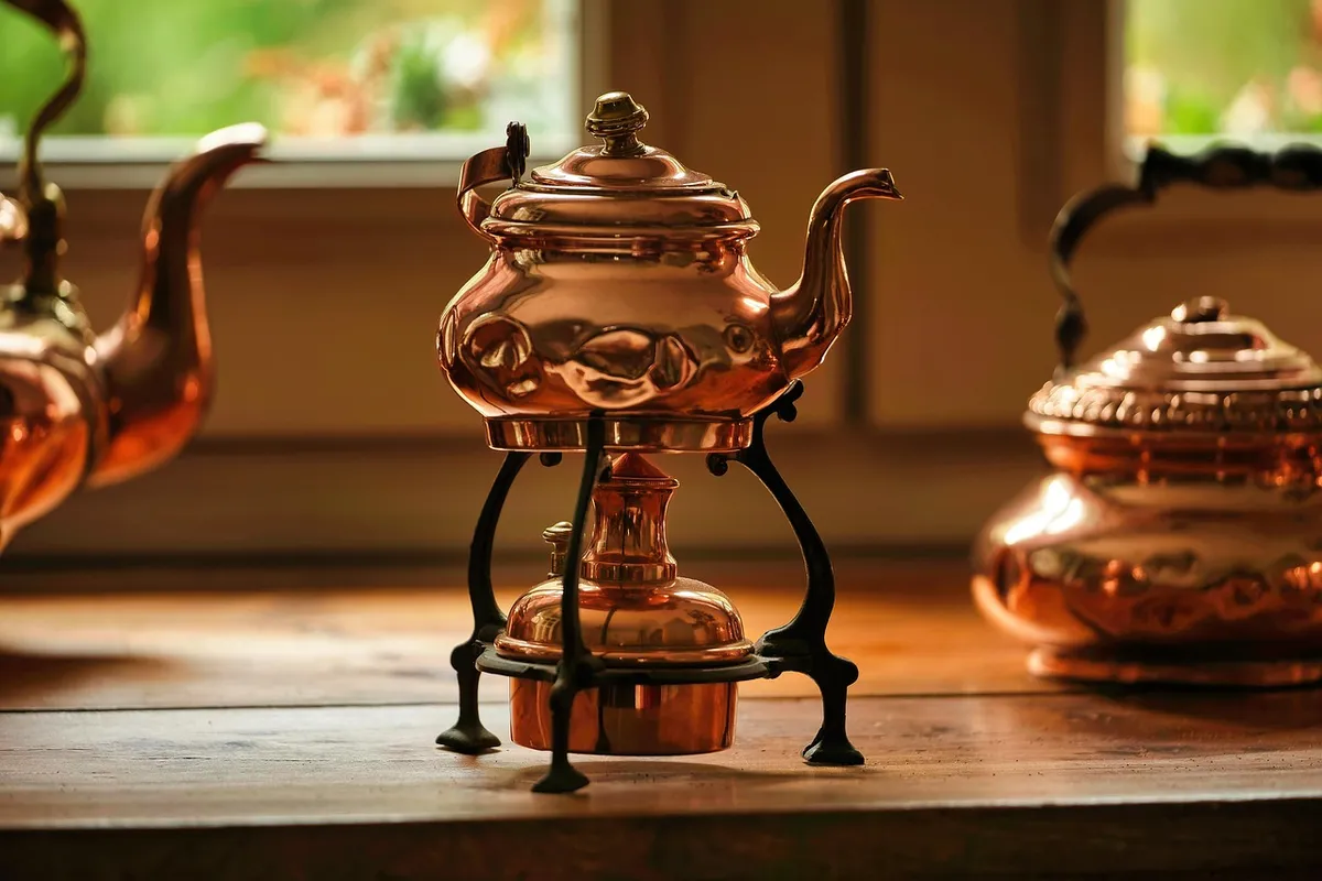 copper teapots, kitchen, tableware, dishes, interior design, furniture, window, dresser, pitchers, teapots, kitchen, kitchen, kitchen, kitchen, kitchen, furnitu