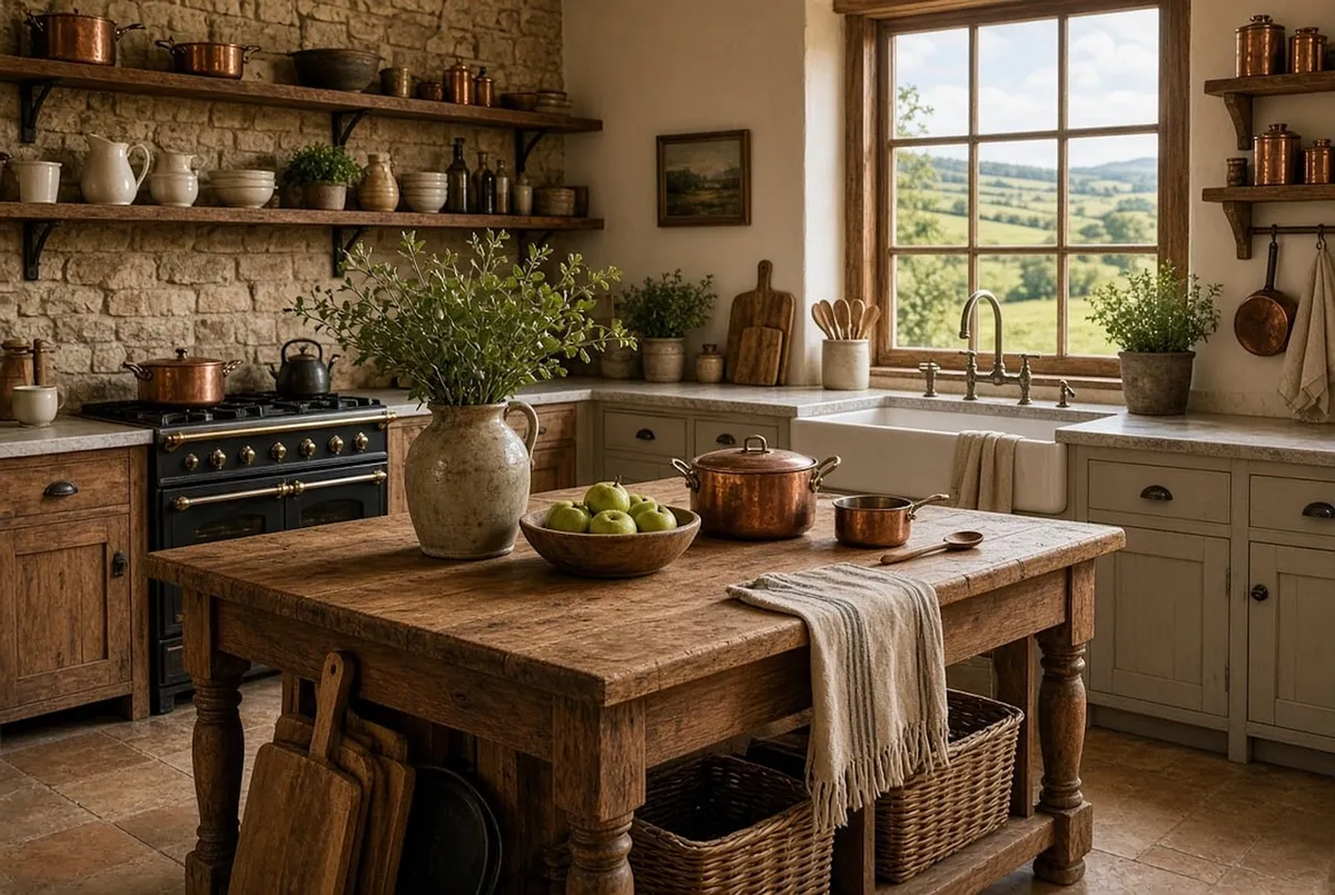 kitchen, interior, rustic, antique, countryside, window, wood, farmhouse, decoration, kitchen table, plant, nature, cookware, cutting board, dish towel, pot, la
