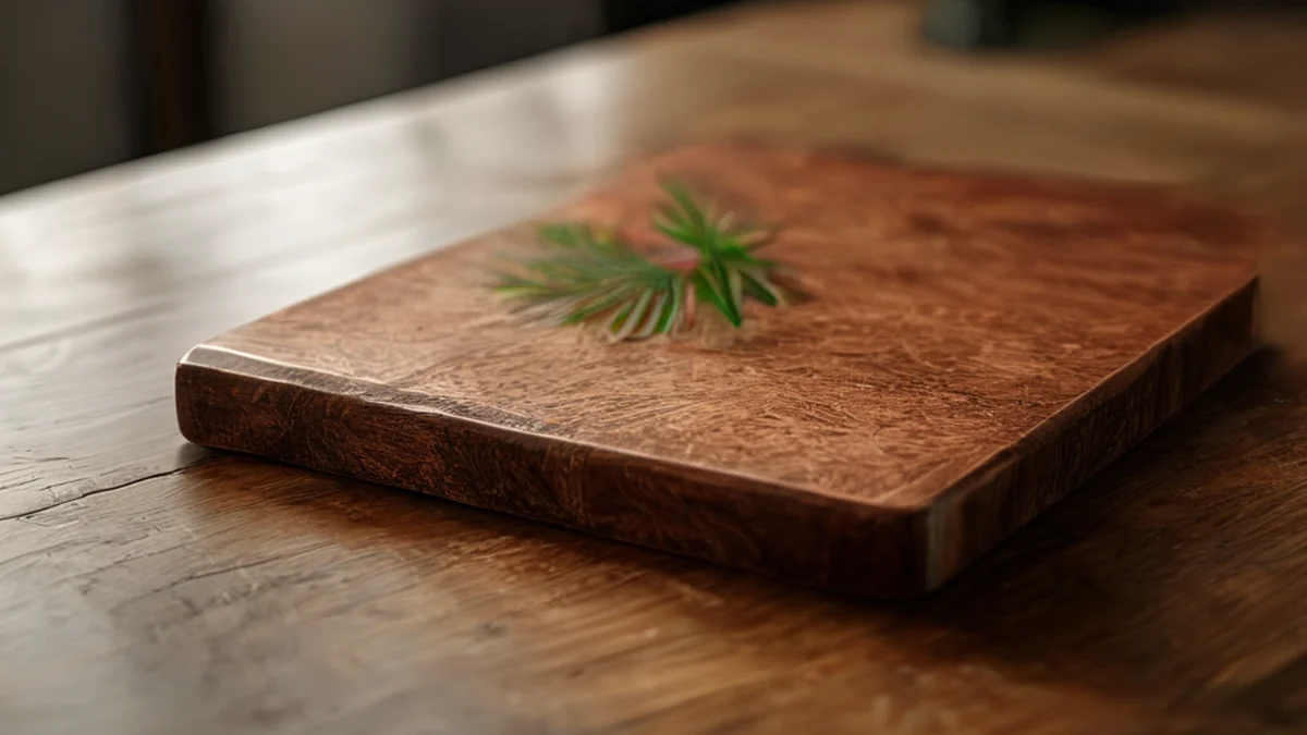 A Turkish chopping board, dark brown grainy texture, rectangular shape, natural wood, resting on a plain wooden table, overcast daylight, shallow depth of field, photorealistic, sharp focus, high detail