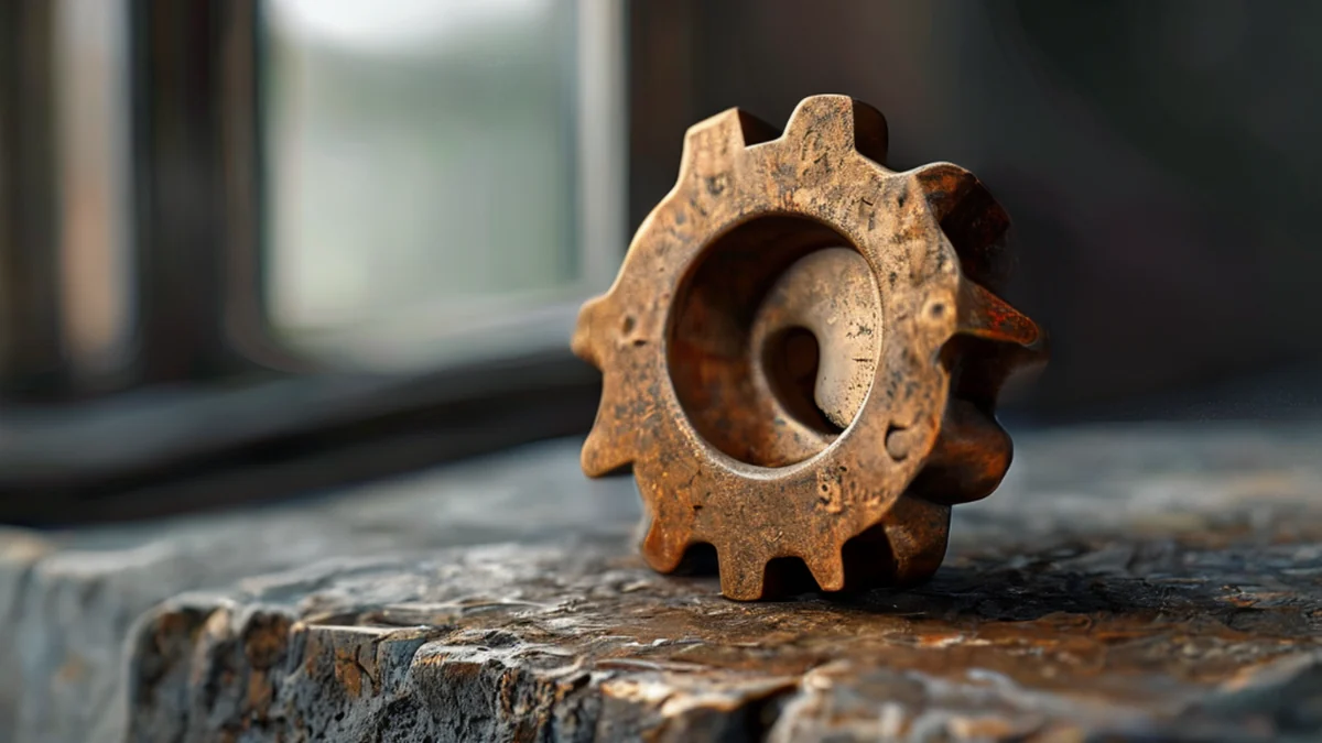 A worn brass cog, pitted surface, rusted edge, on stone ledge, soft light, shallow focus, high detail